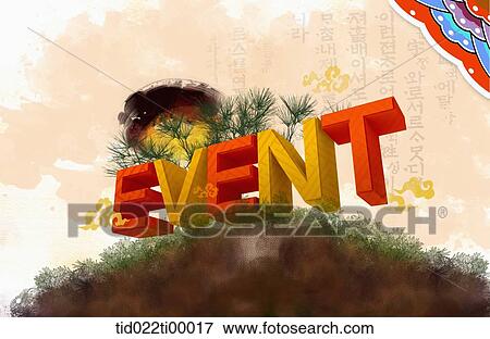 The orange and yellow 'EVENT' with pine and cliff background View Large Illustration Stock Illustration - The orange and yellow 'EVENT' with pine and cliff background. Fotosearch