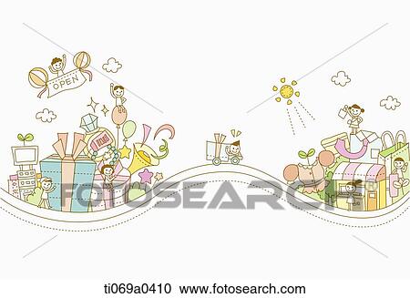 Clipart - The people in the shopping town . Fotosearch