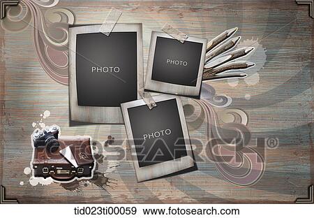 The photo frame and the tourist belongings View Large Illustration Stock Illustration - The photo frame and the tourist belongings. Fotosearch