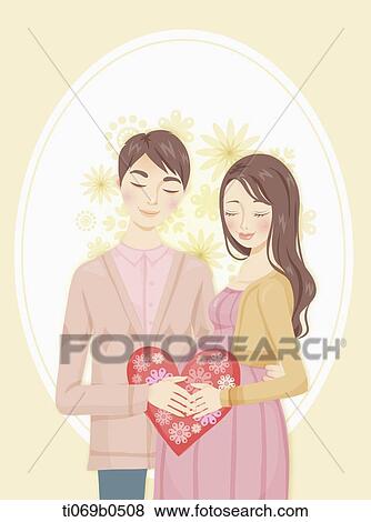 Stock Illustration - The pregnant woman and her husband with heart. Fotosearch