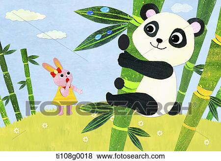 The rabbit surprised at the panda on the bamboo View Large Illustration Stock Illustration - The rabbit surprised at the panda on the bamboo. Fotosearch
