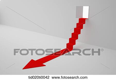 The red arrow stair from the open door View Large Illustration Drawing - The red arrow stair from the open door. Fotosearch