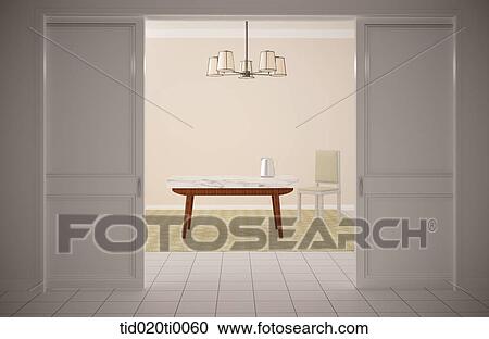 Clipart - The table and chair from the open door. Fotosearch