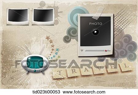 The video photo frame, television, and 'TRAVEL' View Large Illustration Drawing - The video photo frame, television, and 'TRAVEL'. Fotosearch