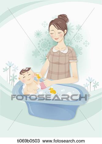 Drawing - The woman bathing the baby. Fotosearch