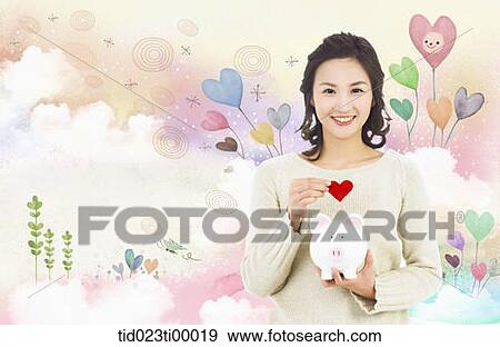 Stock Illustration - The woman putting the heart into the piggy bank. Fotosearch