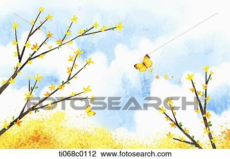 Drawing - The yellow forsythia and butterfly. Fotosearch