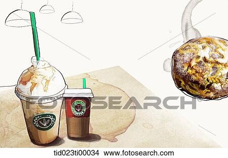 Stock Illustration - Two cups of coffee and a piece of bread. Fotosearch