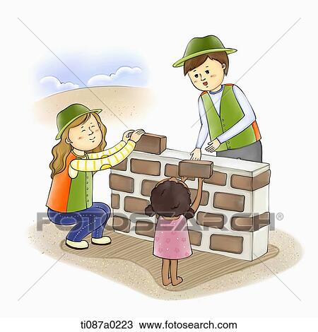 Drawing - Volunteer building the wall . Fotosearch