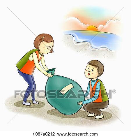 Drawing - Volunteer cleaning the beach . Fotosearch