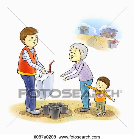 Volunteer giving heating oil and briquette View Large Illustration Stock Illustration - Volunteer giving heating oil and briquette . Fotosearch