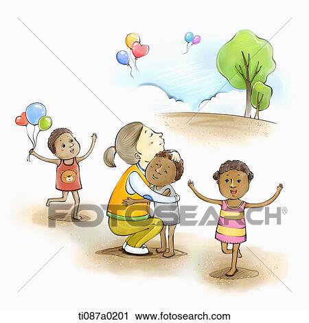 Volunteer helping children in Africa View Large Illustration Clip Art - Volunteer helping children in Africa . Fotosearch