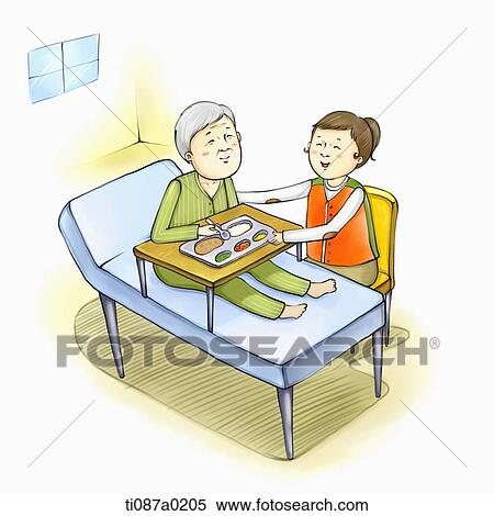 Stock Illustration - Volunteer helping the old man to have meal . Fotosearch