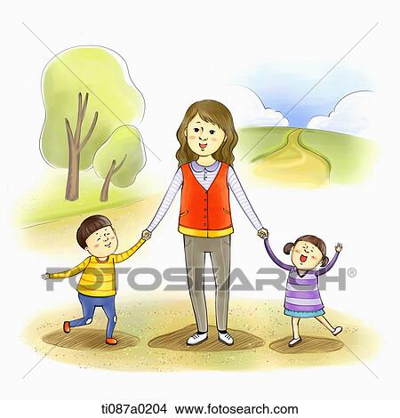 Volunteer holding hands with children View Large Illustration Stock Illustration - Volunteer holding hands with children . Fotosearch
