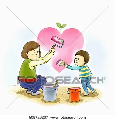 Stock Illustration - Volunteer painting the wall with boy . Fotosearch