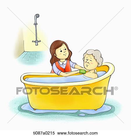 Volunteer taking a bath for the old View Large Illustration Stock Illustration - Volunteer taking a bath for the old . Fotosearch