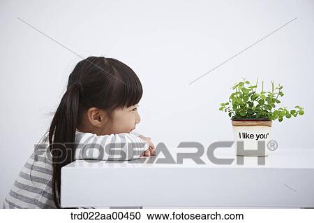Stock Image - A girl looking at green plant. Fotosearch