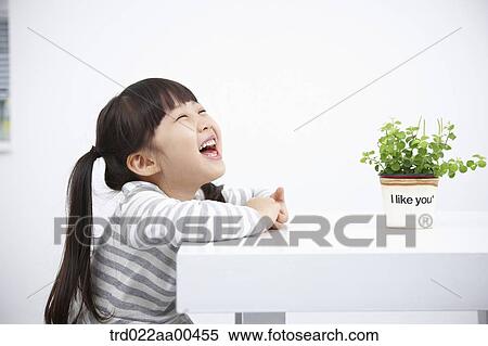 Smiling girl with green plant on the table View Large Photo Image Stock Photography - Smiling girl with green plant on the table. Fotosearch