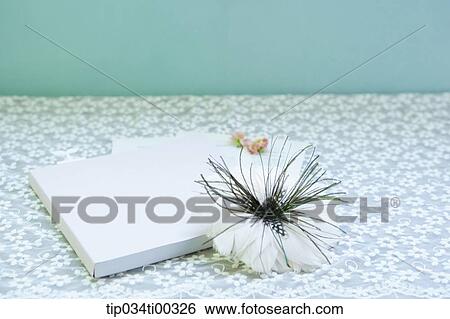 Stock Photograph - The book and paper, flower, and green leaves. Fotosearch