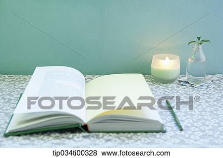 Stock Photo - The book, pencil, candle, and green plant in glass bottle. Fotosearch