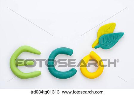The colorful clay 'Eco' with green leaves clay View Large Photo Image Stock Image - The colorful clay 'Eco' with green leaves clay. Fotosearch