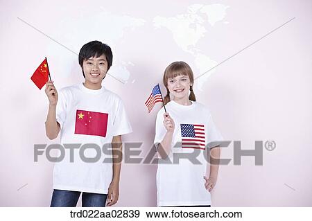 Stock Photo - The global students with China and U. S. A. flag. Fotosearch