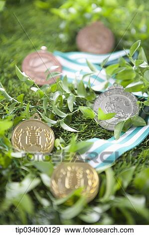 The gold, silver, and bronze prize medal on the grass View Large Photo Image Stock Photo - The gold, silver, and bronze prize medal on the grass. Fotosearch