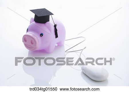 Stock Image - The graduation cap on piggy bank and the mouse. Fotosearch