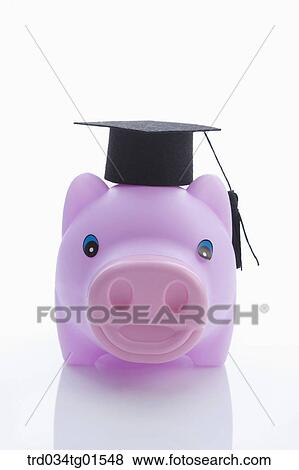 Stock Photo - The graduation cap on the piggy bank. Fotosearch