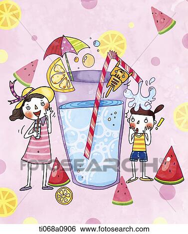 イラスト の 女の子 楽しむ 冷たい飲み物 で Watermalon イラスト Ti068a0906 Fotosearch