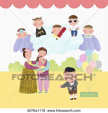 イラスト の 家族 で 韓国語 伝統的である 衣服 上に イラスト Ti076a1118 Fotosearch