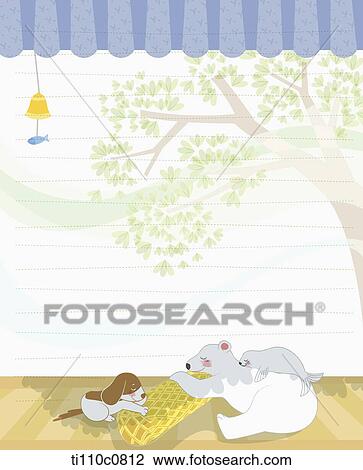 A 手紙 テンプレート イラスト の シロクマ そして A 犬 睡眠 中に 夏 スケッチ Ti110c0812 Fotosearch
