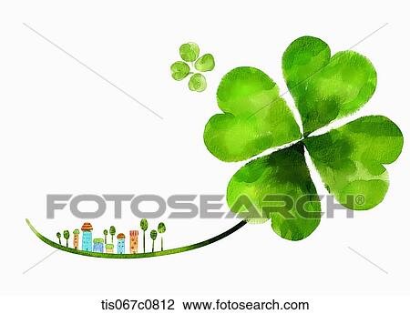 A illustration of a a village on a clover's stem View Large Illustration Drawing - A illustration of a a village on a clover's stem. Fotosearch