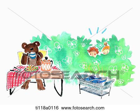 Stock Illustration - A illustration of a bear eating a breakfast on a camping table. Fotosearch