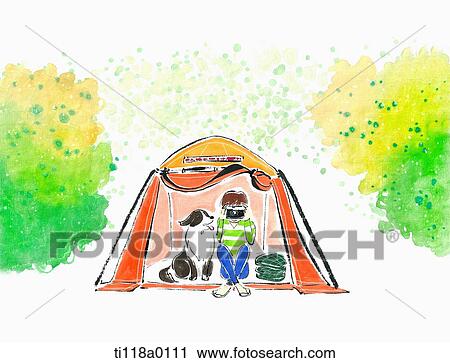 A illustration of a boy and a dong in a camping tent View Large Illustration Clip Art - A illustration of a boy and a dong in a camping tent. Fotosearch