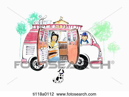 Drawing - A illustration of a camping car. Fotosearch