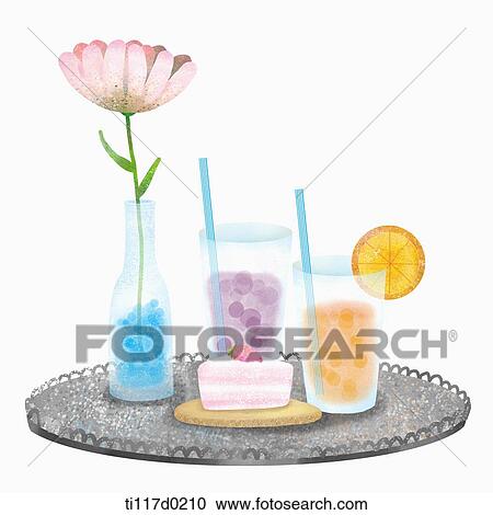 A illustration of a cold juices with a flower in a vase on a tray View Large Illustration Clipart - A illustration of a cold juices with a flower in a vase on a tray. Fotosearch
