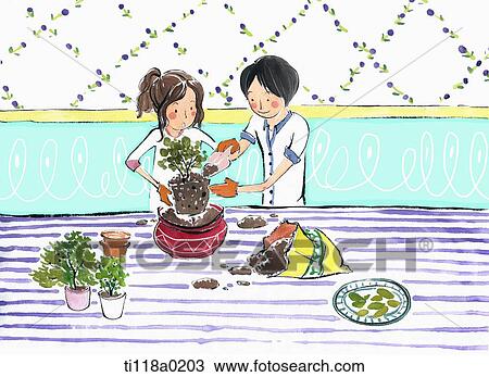 Drawing - A illustration of a couple gardening . Fotosearch