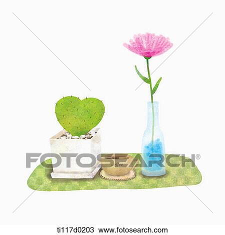 Drawing - A illustration of a cup of coffee between plants. Fotosearch