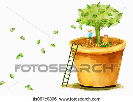 Stock Illustration - A illustration of a family having a picnic under a plant in a vase. Fotosearch