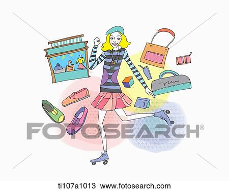 A illustration of a fashion girl surrounded by shoes and bags View Large Illustration Drawing - A illustration of a fashion girl surrounded by shoes and bags. Fotosearch