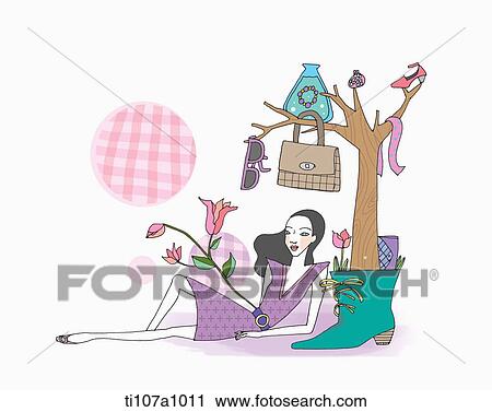 A illustration of a fashion girl lying next to a fashion tree View Large Illustration Clip Art - A illustration of a fashion girl lying next to a fashion tree. Fotosearch