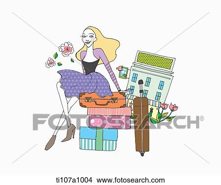 Stock Illustration - A illustration of a fashion girl sitting on a pile of presents and suitcase. Fotosearch