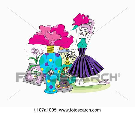 Stock Illustration - A illustration of a fashion girl putting a flower on her head. Fotosearch