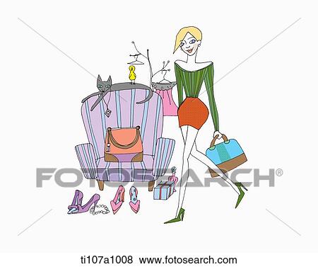 Stock Illustration - A illustration of a fashion girl walking to a couch . Fotosearch