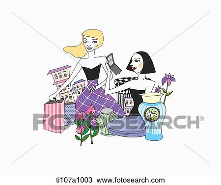 Drawing - A illustration of a fashion girls next to shopping bags. Fotosearch