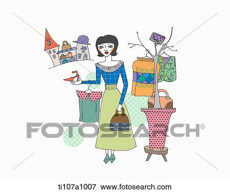Stock Illustration - A illustration of a girl holding a heel and a bag. Fotosearch