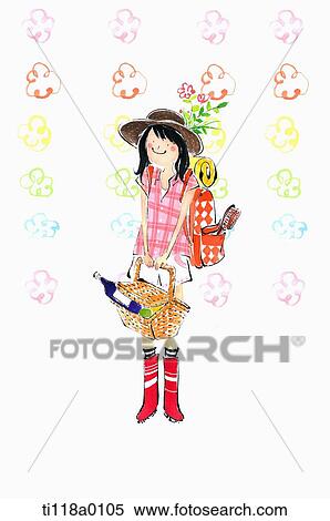 Stock Illustration - A illustration of a girl holding a basket. Fotosearch