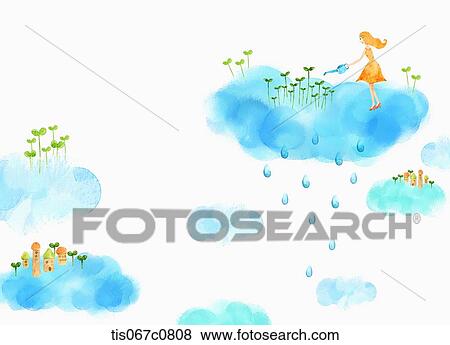 Stock Illustration - A illustration of a girl planting plant buds growing on a cloud. Fotosearch