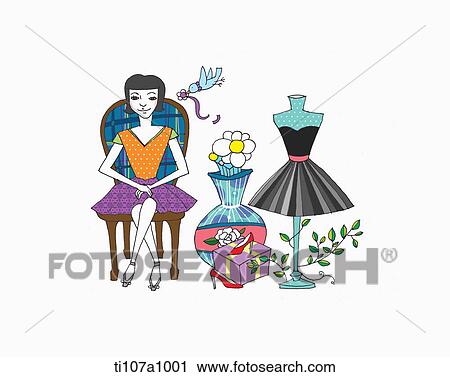 Clip Art - A illustration of a girl sitting on a chair next to a mannequin wearing a dress. Fotosearch